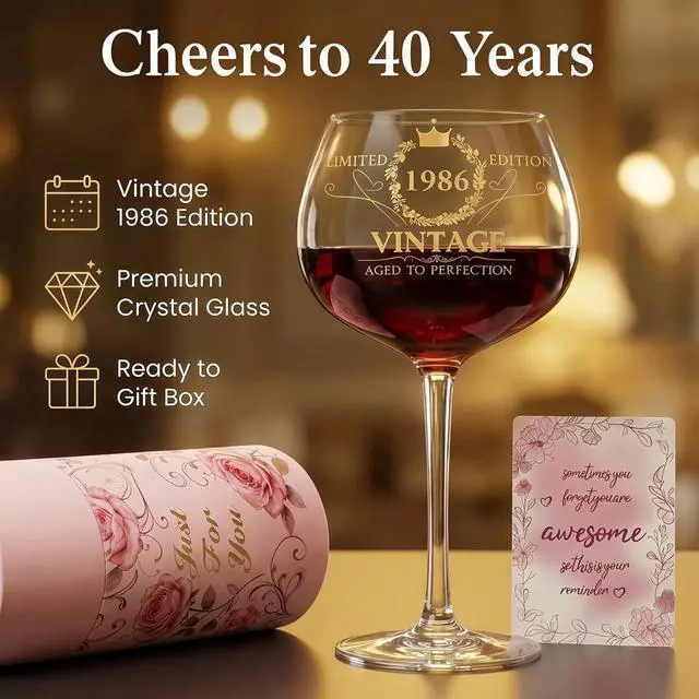 Alt view image 2 of 7 - DeeCoo Vintage 1986 Engraved 16 oz Wine Glass, 40th Birthday Gifts for Women, 40 Year Old Birthday Decorations, Funny Bday Gift Idea for Her, Friends, Daughter, Sister, Mom - Turning 40 Present