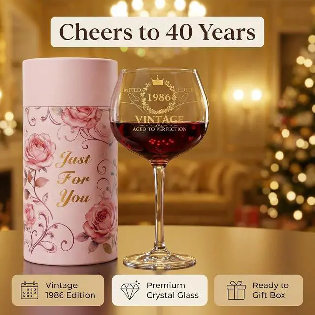 Alt view image 7 of 7 - DeeCoo Vintage 1986 Engraved 16 oz Wine Glass, 40th Birthday Gifts for Women, 40 Year Old Birthday Decorations, Funny Bday Gift Idea for Her, Friends, Daughter, Sister, Mom - Turning 40 Present
