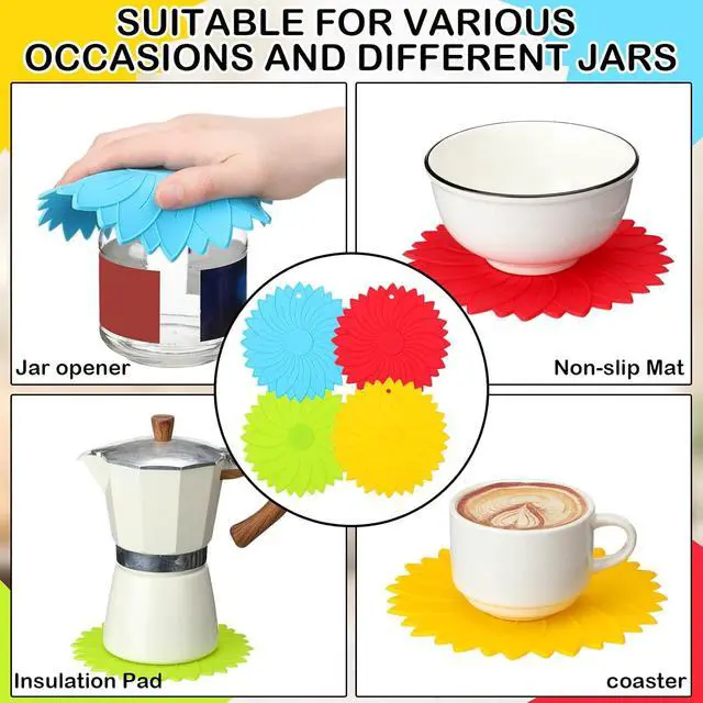 Alt view image 6 of 6 - Maxdot 4 Pcs Large Rubber Jar Opener Pads Non Slip Seniors, Bright Colors | 6.10 Inch Multi Function for Tight Jars and Bottles, Arthritis Friendly for Weak Hands, Heat Resistant Gripper Coaster
