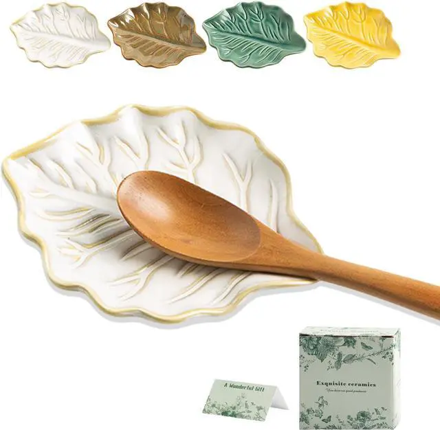Main image of Mecaikru Ceramic Spoon Rest, 5.1 in Leaf Shape for Stove Top and Counter | Fits spoons, ladles, spatulas and coffee stirrers beside the stove, sink, coffee bar or dining table.