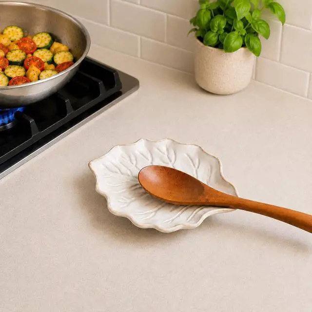 Alt view image 2 of 7 - Mecaikru Ceramic Spoon Rest, 5.1 in Leaf Shape for Stove Top and Counter | Fits spoons, ladles, spatulas and coffee stirrers beside the stove, sink, coffee bar or dining table.
