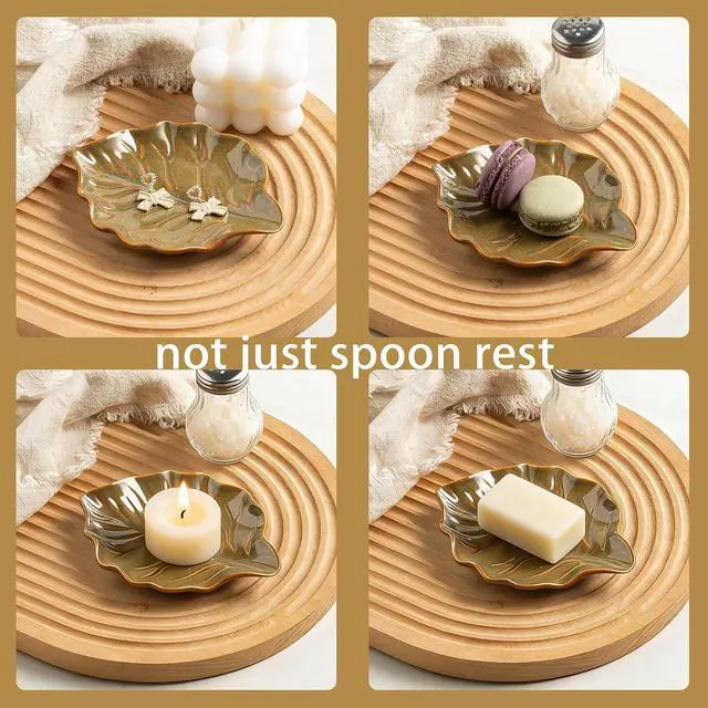 Alt view image 4 of 7 - Mecaikru Ceramic Spoon Rest, 5.1 in Leaf Shape for Stove Top and Counter | Fits spoons, ladles, spatulas and coffee stirrers beside the stove, sink, coffee bar or dining table.