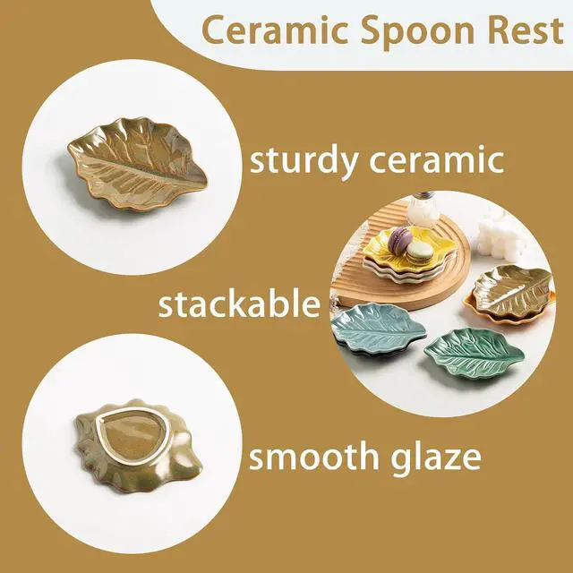 Alt view image 7 of 7 - Mecaikru Ceramic Spoon Rest, 5.1 in Leaf Shape for Stove Top and Counter | Fits spoons, ladles, spatulas and coffee stirrers beside the stove, sink, coffee bar or dining table.