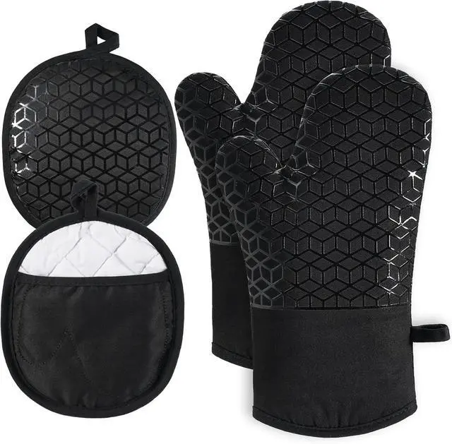 Main image of Oven Mitts and Pot Holders, 500°F Heat Resistant, Black | Oven Mitts Sets, Silicone Oven Gloves Featuring NonSlip Textured Grip, Perfect For Cooking, Baking and Grilling