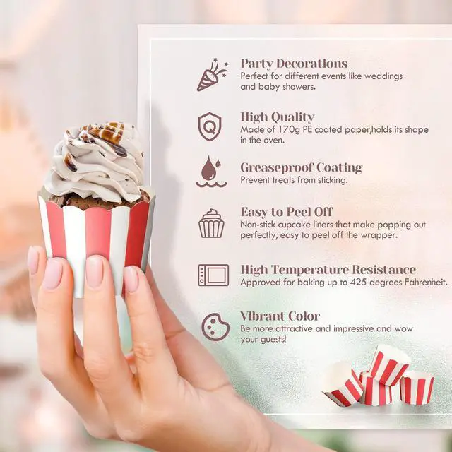 Alt view image 3 of 7 - Small Cupcake Liners, 50PCS Nonstick Red and White Baking Cups Pastry Popcorn Muffin Wrapper Paper Cases Baking Cups for Popcorn, Circus Kids Party, Labor Day, Summer Pool Party