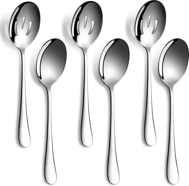 Main image of 6 PCS Serving Spoons Set, 8.7 Inch Serving Spoon, Slotted Spoons, Silver | 3 Server Spoon and 3 Slotted Spoons, Stainless Steel Buffet Banquet Large Utensils Cutlery Set for Kitchen