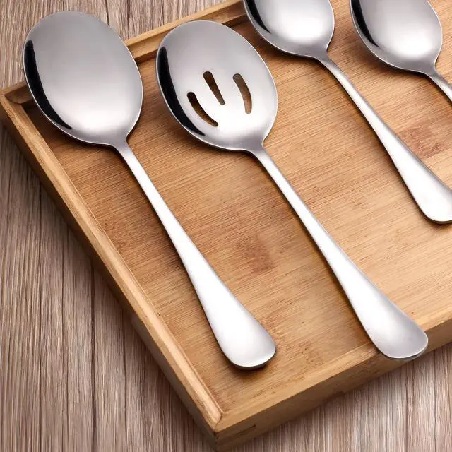 Alt view image 4 of 7 - 6 PCS Serving Spoons Set, 8.7 Inch Serving Spoon, Slotted Spoons, Silver | 3 Server Spoon and 3 Slotted Spoons, Stainless Steel Buffet Banquet Large Utensils Cutlery Set for Kitchen