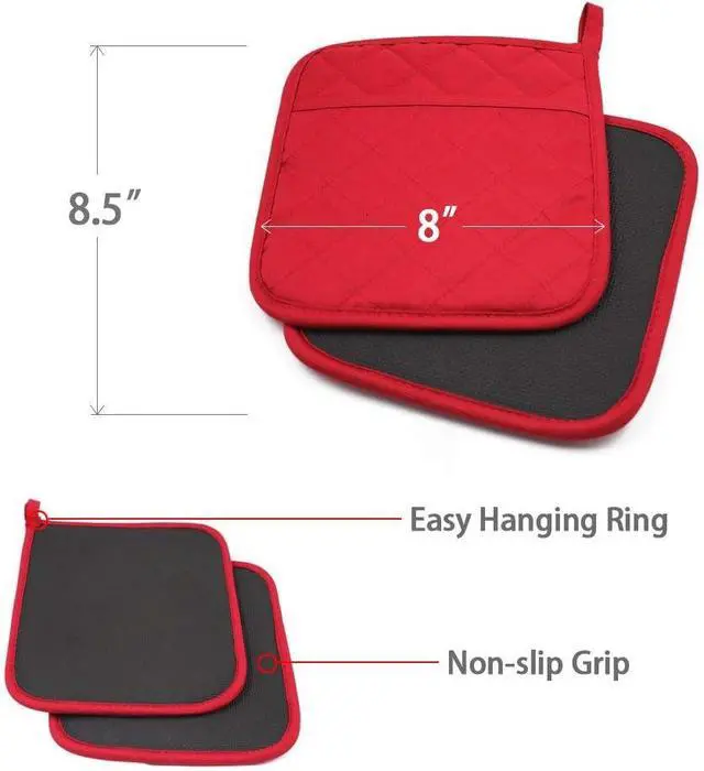 Alt view image 2 of 7 - 2Pcs Cotton and Neoprene Oven Pads Pot Holders with Pocket 8"x8.5" Dual-Function Hot Pad Set for Finger Hand Wrist Protection Heat Resistant to 428°F,Red