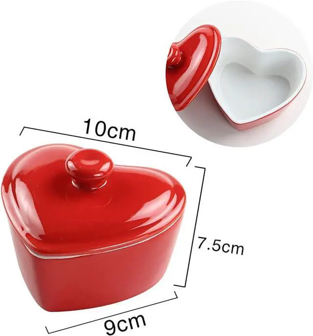 Alt view image 2 of 4 - Heart-Shaped Dessert Bowl with Lid Ceramic Baking Bowl Rice Bowl-5 OZ-Red