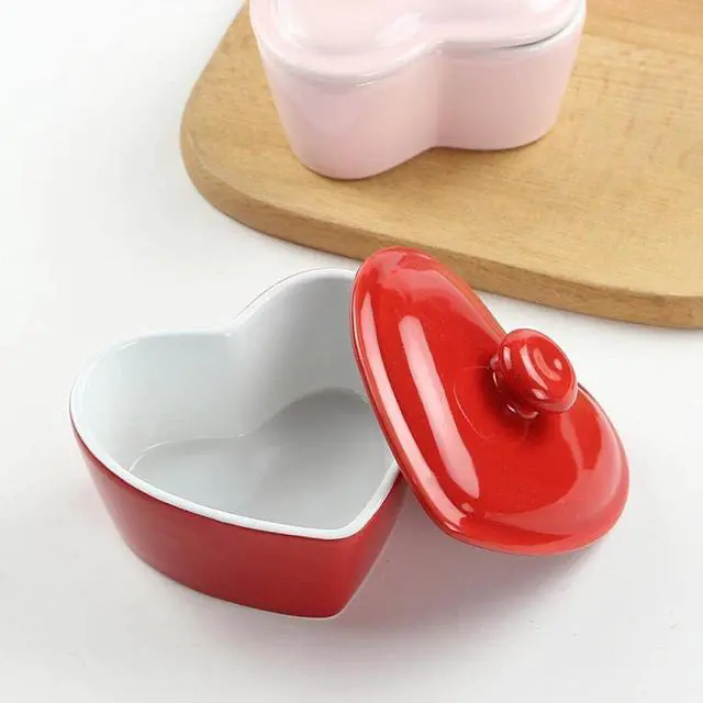 Alt view image 3 of 4 - Heart-Shaped Dessert Bowl with Lid Ceramic Baking Bowl Rice Bowl-5 OZ-Red