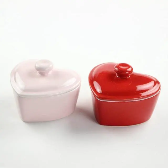 Alt view image 4 of 4 - Heart-Shaped Dessert Bowl with Lid Ceramic Baking Bowl Rice Bowl-5 OZ-Red