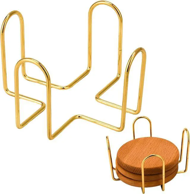 Main image of Coaster Holder 4.3 Inch Gold Iron Metal Holder Storage Caddy for Both Round and Square Coasters Fit 4 to 9 Pieces Coasters (1 PC)