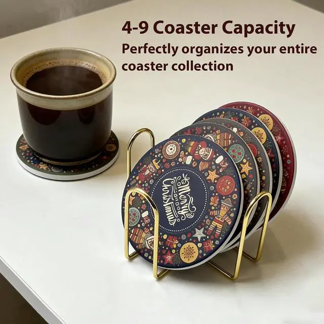 Alt view image 4 of 6 - Coaster Holder 4.3 Inch Gold Iron Metal Holder Storage Caddy for Both Round and Square Coasters Fit 4 to 9 Pieces Coasters (1 PC)