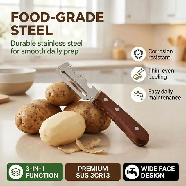 Alt view image 6 of 7 - 2.5mm Stainless Steel peeler with Wooden Handle - Shredding Knife or vegetables - Elite Multifunction vegetable & fruit Peeler knife - y-peeler for vegetables, Food Prep & Garnishing (1pc)