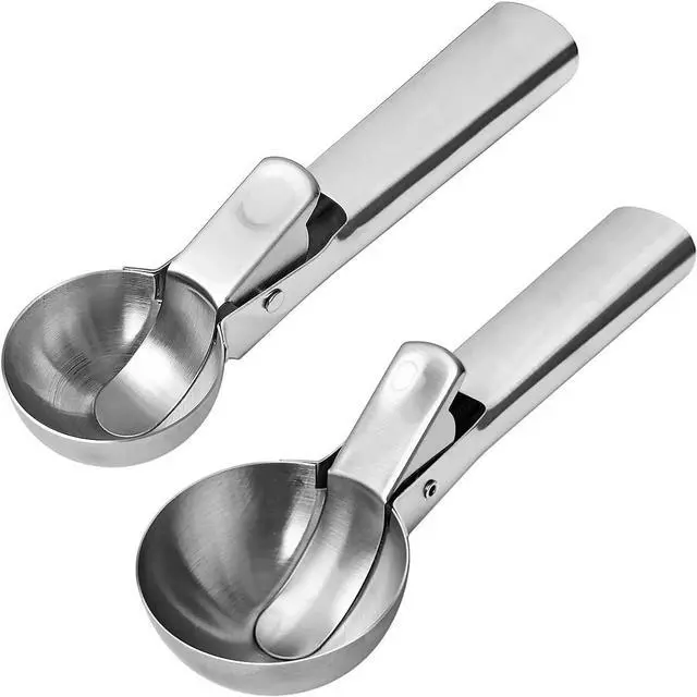 Main image of 2 Pcs Stainless Steel Ice Cream Scoop, Heavy Duty Ice Cream Scooper with Trigger Metal Icecream Scoop Spoon for Fruit Scoop, Sundaes, Sorbet, Icecream (Silver)