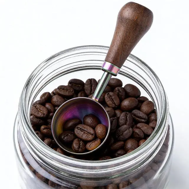 Alt view image 2 of 6 - Retro Vintage Stainless Steel Coffee Scoop with Walnut Wood Handle, 10g Espresso Measure, 30ml Water Capacity (1, Iridescent)