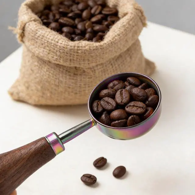Alt view image 3 of 6 - Retro Vintage Stainless Steel Coffee Scoop with Walnut Wood Handle, 10g Espresso Measure, 30ml Water Capacity (1, Iridescent)