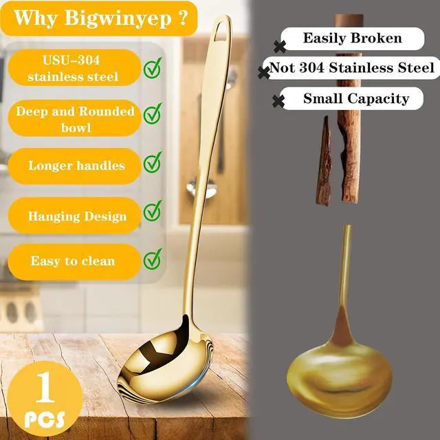 Alt view image 5 of 6 - Soup Ladle, Gold Ladles for Serving, 304 Stainless Steel,12.2Inch | Long Handle, Large Serving Spoon, For Cooking Buffet, Party, Kitchen