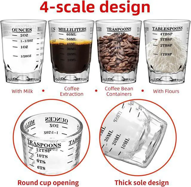Alt view image 4 of 6 - 2 OZ 4 Features Shot Glasses Measuring cup Liquid Heavy Glass Wine Glass Espresso Shot -Incremental Measurement Heavy 60ML (2, Black)
