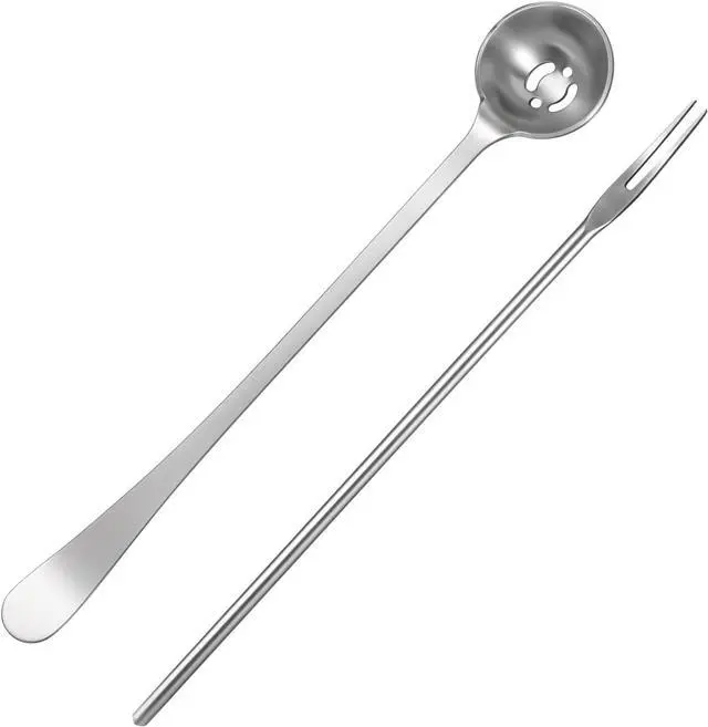 Main image of 2 Pack Olive Spoon and Pickle Fork Stainless Steel Long Handle Food Picker for Pickle Olive Spoons with Drain Holes Jars Serving Spoon and Fork Set for Olives Pickles Onion Cucumber