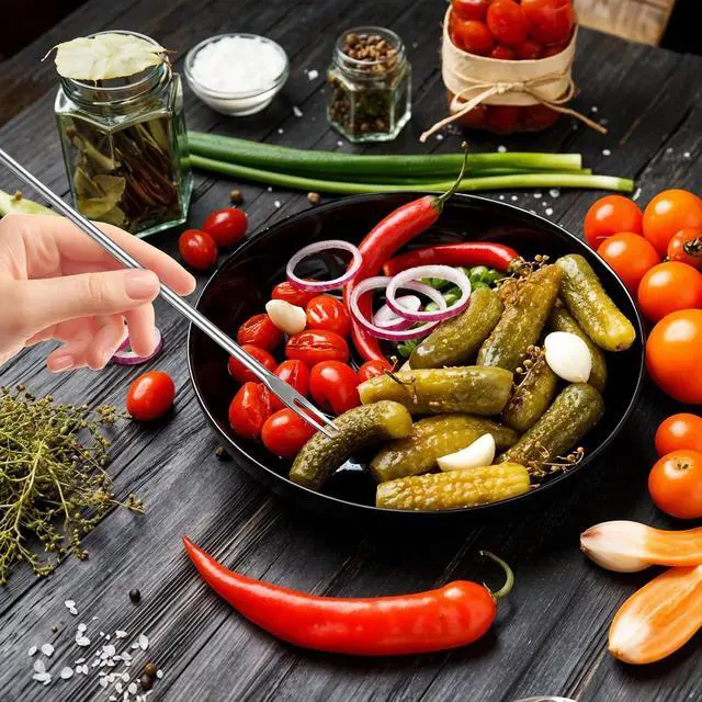 Alt view image 4 of 7 - 2 Pack Olive Spoon and Pickle Fork Stainless Steel Long Handle Food Picker for Pickle Olive Spoons with Drain Holes Jars Serving Spoon and Fork Set for Olives Pickles Onion Cucumber