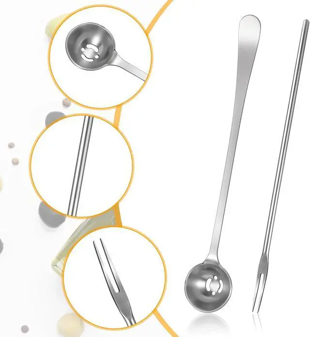 Alt view image 7 of 7 - 2 Pack Olive Spoon and Pickle Fork Stainless Steel Long Handle Food Picker for Pickle Olive Spoons with Drain Holes Jars Serving Spoon and Fork Set for Olives Pickles Onion Cucumber