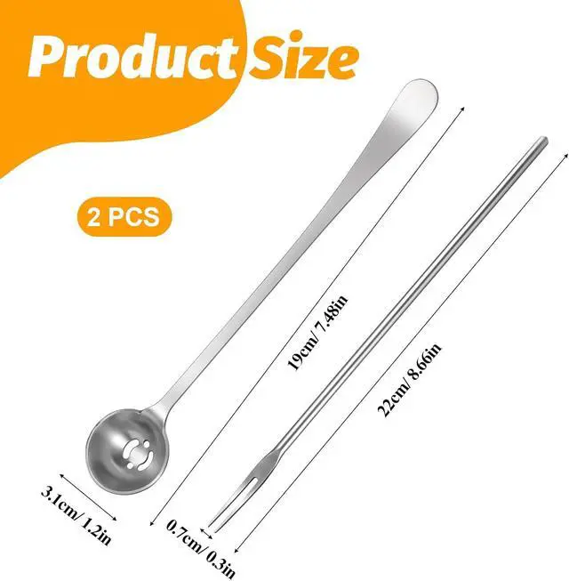 Alt view image 5 of 7 - 2 Pack Olive Spoon and Pickle Fork Stainless Steel Long Handle Food Picker for Pickle Olive Spoons with Drain Holes Jars Serving Spoon and Fork Set for Olives Pickles Onion Cucumber
