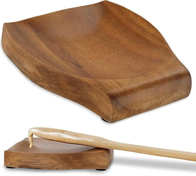 Main image of Potted Pans Wooden Spoon Rest - Acacia Wood Stove Top Spoon Holder with Non-Slip Grips for Spoons, Spatulas, and Tongs