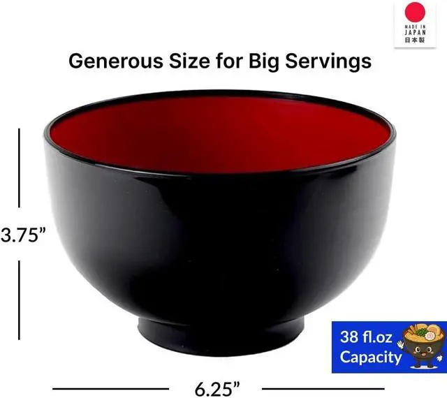 Alt view image 2 of 6 - JapanBargain, Japanese Large Ramen Bowl 38oz Pho, Udon, Noodle, and Cereal Bowl Black and Red Lacquer Plastic Microwave & Dishwasher Safe Made in Japan