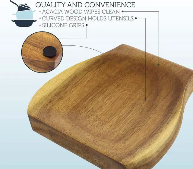 Alt view image 3 of 7 - Potted Pans Wooden Spoon Rest - Acacia Wood Stove Top Spoon Holder with Non-Slip Grips for Spoons, Spatulas, and Tongs