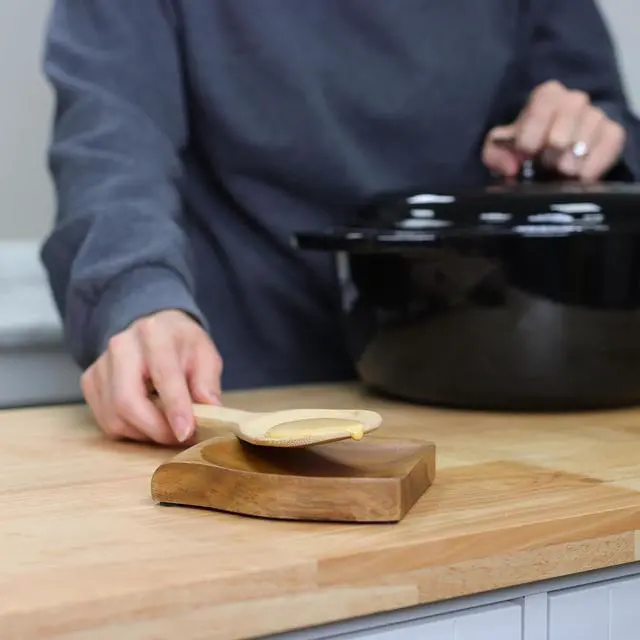 Alt view image 6 of 7 - Potted Pans Wooden Spoon Rest - Acacia Wood Stove Top Spoon Holder with Non-Slip Grips for Spoons, Spatulas, and Tongs