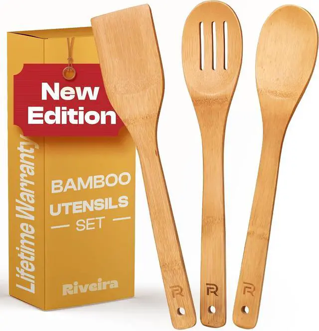 Main image of Riveira Bamboo Wooden Spoons for Cooking 3-Piece, Apartment Essentials Wood Spatula Spoon Nonstick Kitchen Utensil Set Premium Quality Housewarming Gifts for Everyday Use