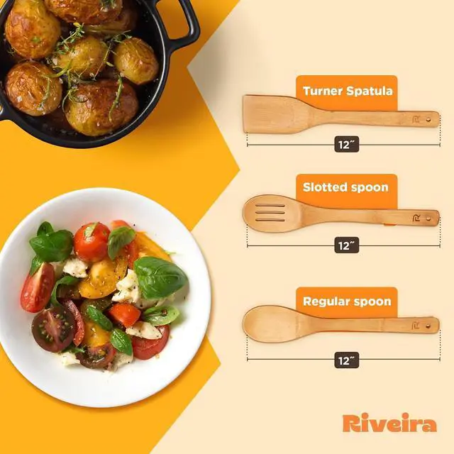 Alt view image 5 of 6 - Riveira Bamboo Wooden Spoons for Cooking 3-Piece, Apartment Essentials Wood Spatula Spoon Nonstick Kitchen Utensil Set Premium Quality Housewarming Gifts for Everyday Use