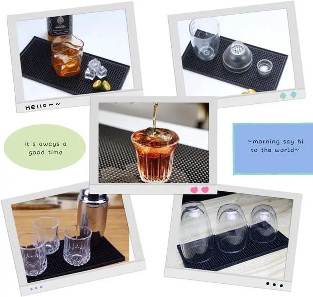 Alt view image 5 of 7 - Bar Mat 12" x 6" Rubber Bar Service Spill Mat for Cocktail Bartender Set of 2 Coffee Bar or Countertop Mats Glass Drying Mat (Black, 12" x 6" x0.4")