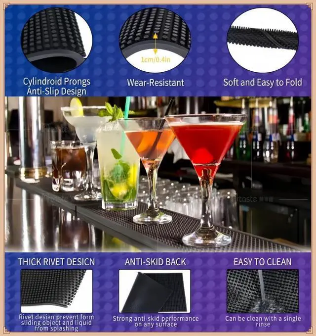 Alt view image 3 of 7 - Bar Mat 12" x 6" Rubber Bar Service Spill Mat for Cocktail Bartender Set of 2 Coffee Bar or Countertop Mats Glass Drying Mat (Black, 12" x 6" x0.4")