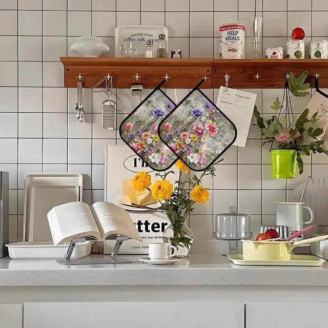 Alt view image 4 of 7 - Vintage Watercolor Rose Flowers Pot Holders Set of 2,Kitchen Heat Resistant Potholder for Microwave Cooking Baking Oven and BBQ