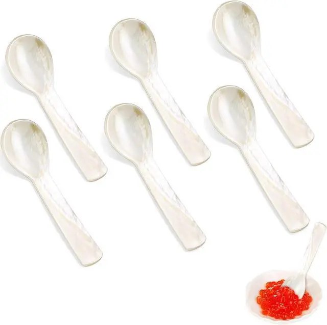 Main image of Geiserailie 6 Pieces Mother of Pearl Caviar Spoons Handcraft,3.55 Inch | Round Bowl Caviar Serving, For Salt Coffee Egg Ice Cream, Restaurant Quality Set, Natural Pearl Luster