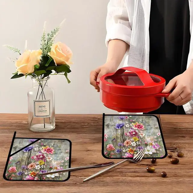 Alt view image 5 of 7 - Vintage Watercolor Rose Flowers Pot Holders Set of 2,Kitchen Heat Resistant Potholder for Microwave Cooking Baking Oven and BBQ