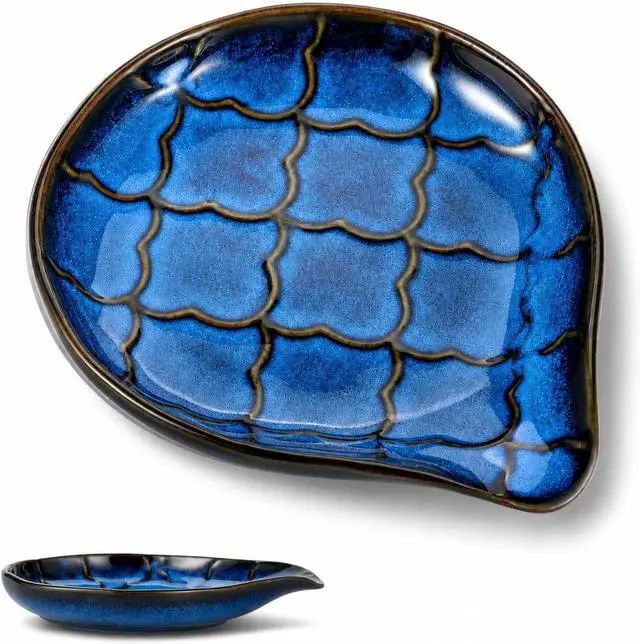 Main image of Ceramic Spoon Rest for Stove Top, Large Spoon Holder for Kitchen Counter | Heat Resistant Utensil Rest for Spatulas, Ladles & Tongs, Farmhouse Kitchen Decor, Reactive Glaze Blue