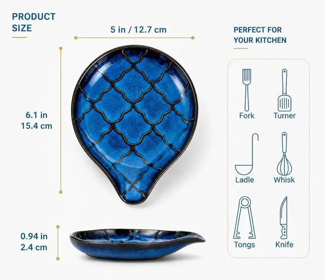 Alt view image 3 of 7 - Ceramic Spoon Rest for Stove Top, Large Spoon Holder for Kitchen Counter | Heat Resistant Utensil Rest for Spatulas, Ladles & Tongs, Farmhouse Kitchen Decor, Reactive Glaze Blue