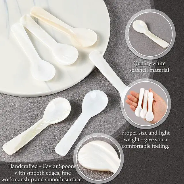 Alt view image 6 of 6 - Geiserailie 6 Pieces Mother of Pearl Caviar Spoons Handcraft,3.55 Inch | Round Bowl Caviar Serving, For Salt Coffee Egg Ice Cream, Restaurant Quality Set, Natural Pearl Luster
