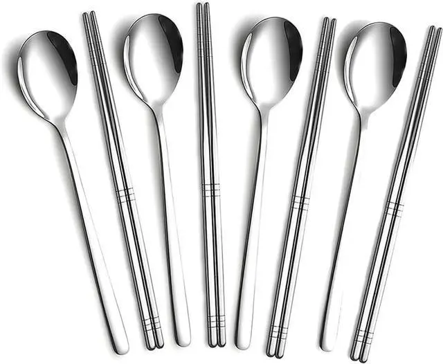 Main image of Spoon and Chopsticks Set, 4 Pair Metal Chopsticks Spoon Set, 4 Set Reusable Korean Spoons Set for Home, Kitchen or Restaurant
