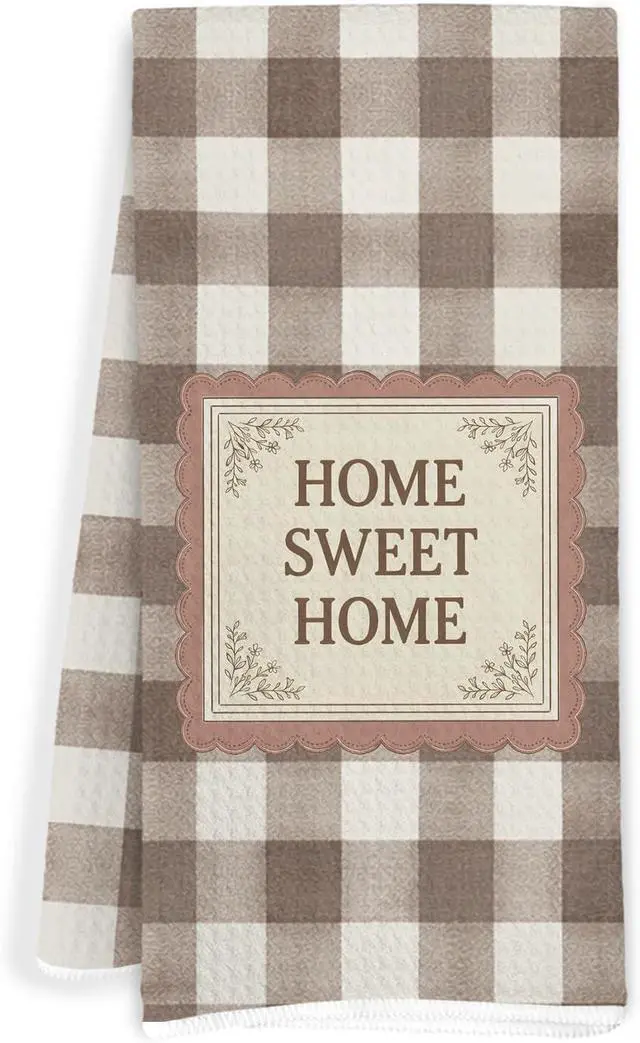 Main image of House Warming Gifts Home Sweet Home Kitchen Towels, Brown and Beige Gingham Decorative Hand Tea Towels for Bathroom, Housewarming Gifts Dish Towel Dishcloth, 16x24 Inch