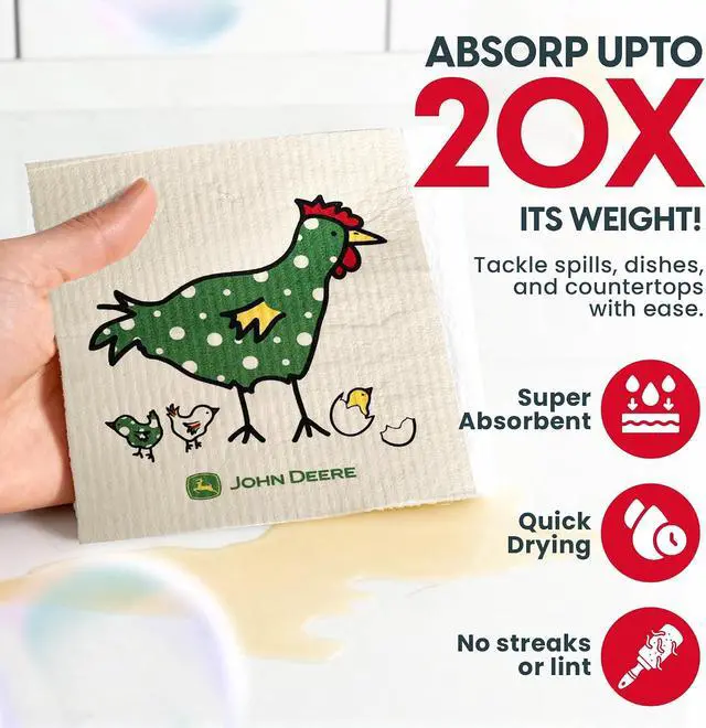 Alt view image 3 of 6 - Wet-It! John Deere Chix Chickens - Swedish Dishcloth Reusable Towel Set for Kitchen | Biodegradable Absorbent Cleaning Washcloths for Dishes, Household Surfaces | Washable, & Quick Drying | 2-Pack
