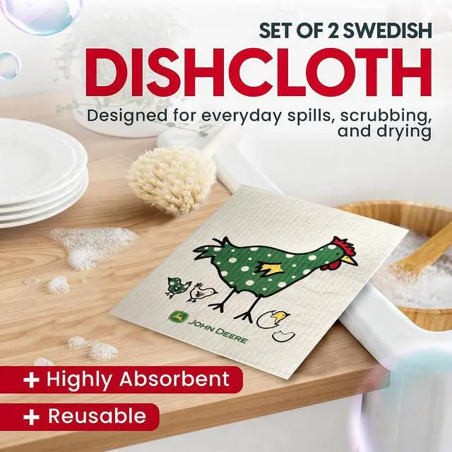 Alt view image 2 of 6 - Wet-It! John Deere Chix Chickens - Swedish Dishcloth Reusable Towel Set for Kitchen | Biodegradable Absorbent Cleaning Washcloths for Dishes, Household Surfaces | Washable, & Quick Drying | 2-Pack