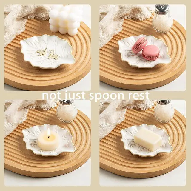 Alt view image 5 of 7 - Mecaikru Ceramic Spoon Rest, 5.1 in Leaf Shape for Stove Top and Counter | Fits spoons, ladles, spatulas and coffee stirrers beside the stove, sink, coffee bar or dining table.