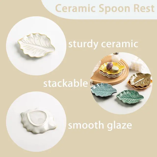 Alt view image 7 of 7 - Mecaikru Ceramic Spoon Rest, 5.1 in Leaf Shape for Stove Top and Counter | Fits spoons, ladles, spatulas and coffee stirrers beside the stove, sink, coffee bar or dining table.