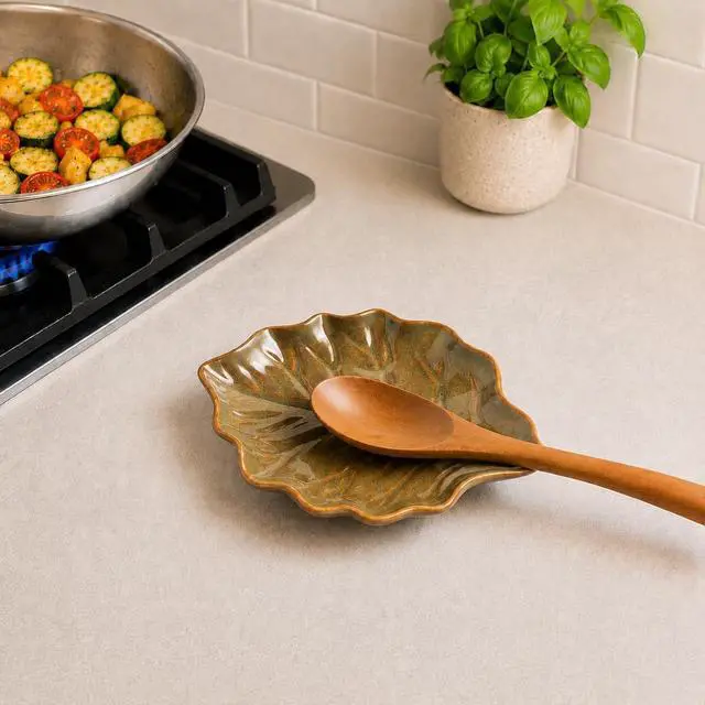 Alt view image 2 of 7 - Mecaikru Ceramic Spoon Rest, 5.1 in Leaf Shape for Stove Top and Counter | Fits spoons, ladles, spatulas and coffee stirrers beside the stove, sink, coffee bar or dining table.