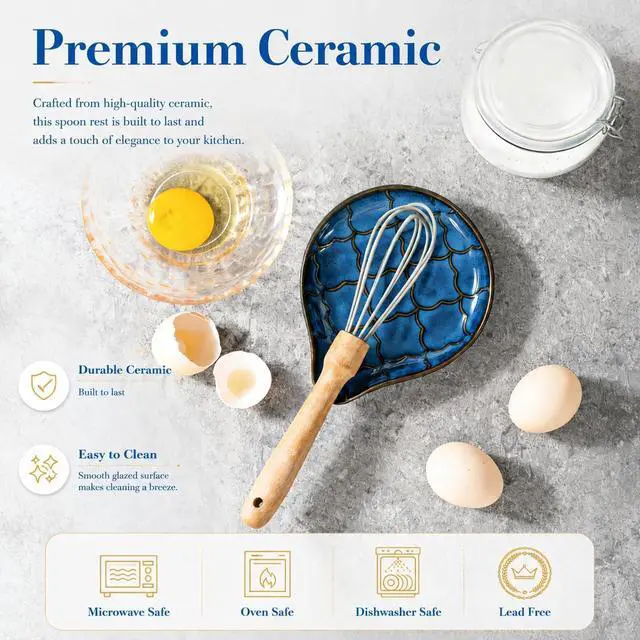 Alt view image 2 of 7 - Ceramic Spoon Rest for Stove Top, Large Spoon Holder for Kitchen Counter | Heat Resistant Utensil Rest for Spatulas, Ladles & Tongs, Farmhouse Kitchen Decor, Reactive Glaze Blue