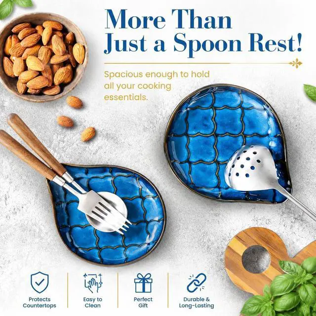 Alt view image 4 of 7 - Ceramic Spoon Rest for Stove Top, Large Spoon Holder for Kitchen Counter | Heat Resistant Utensil Rest for Spatulas, Ladles & Tongs, Farmhouse Kitchen Decor, Reactive Glaze Blue